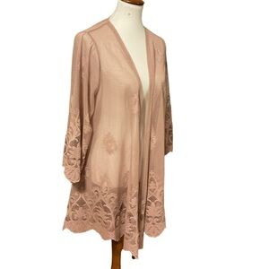 Paper + tee Dusty Rose Lace Asymmetrical Open Cardigan Kimono Size 1X NWT